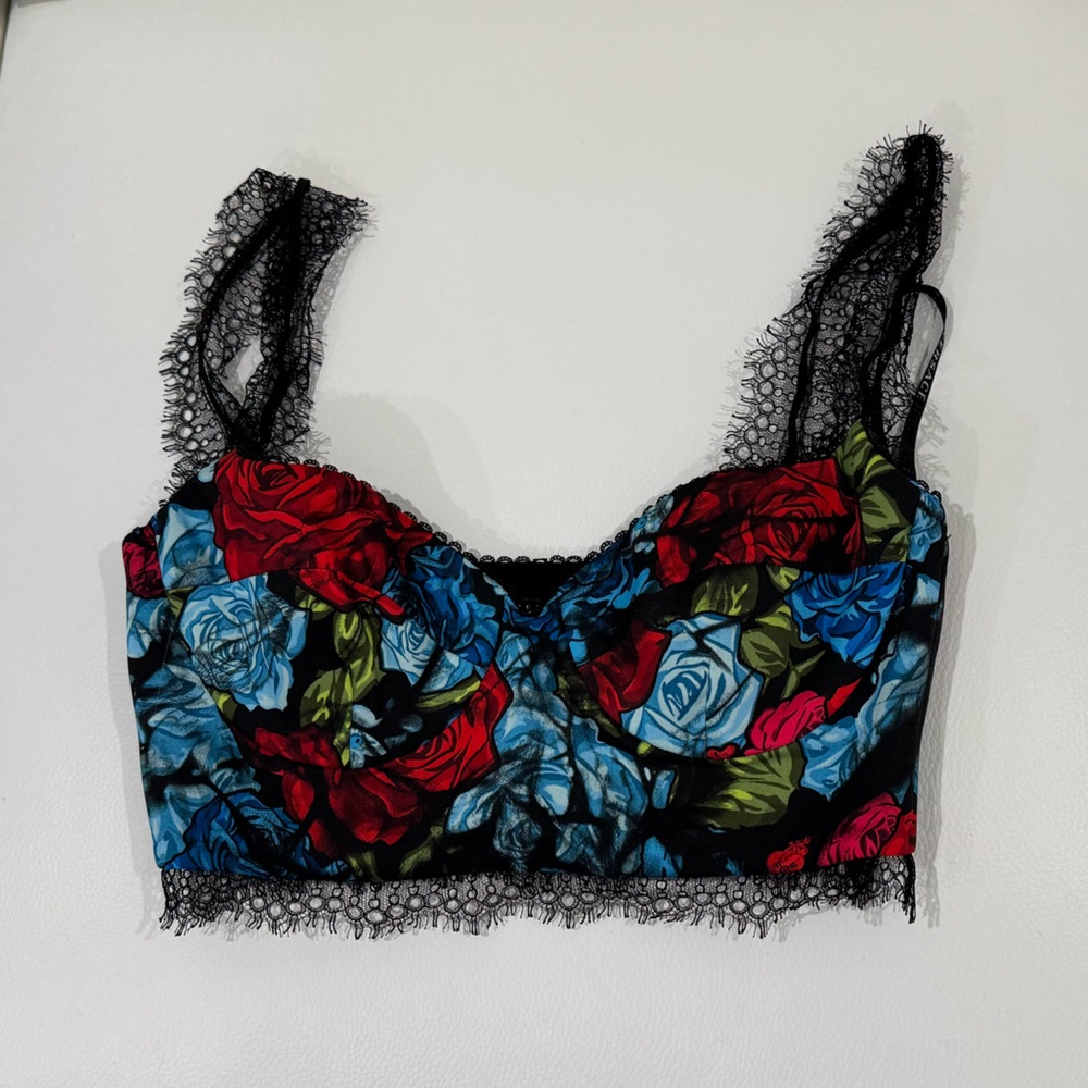 Versace Multicolor (red,blue,black) Floral Silk Lace Trimmed Bralette